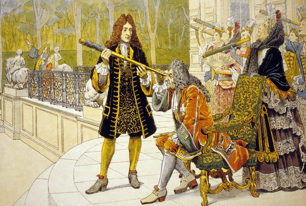 Louis XIV ve Jacques Cassini renkli lito by Maurice Leloir