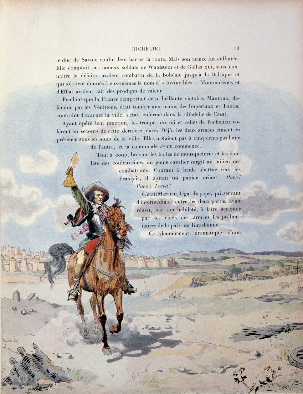 Moment of intervention by the papal legate, Giulio Mazarini (1602-61) between the Spanish and papal troops confronting the French army at the siege of Casal, Northern Italy, illustration from the life by Maurice Leloir