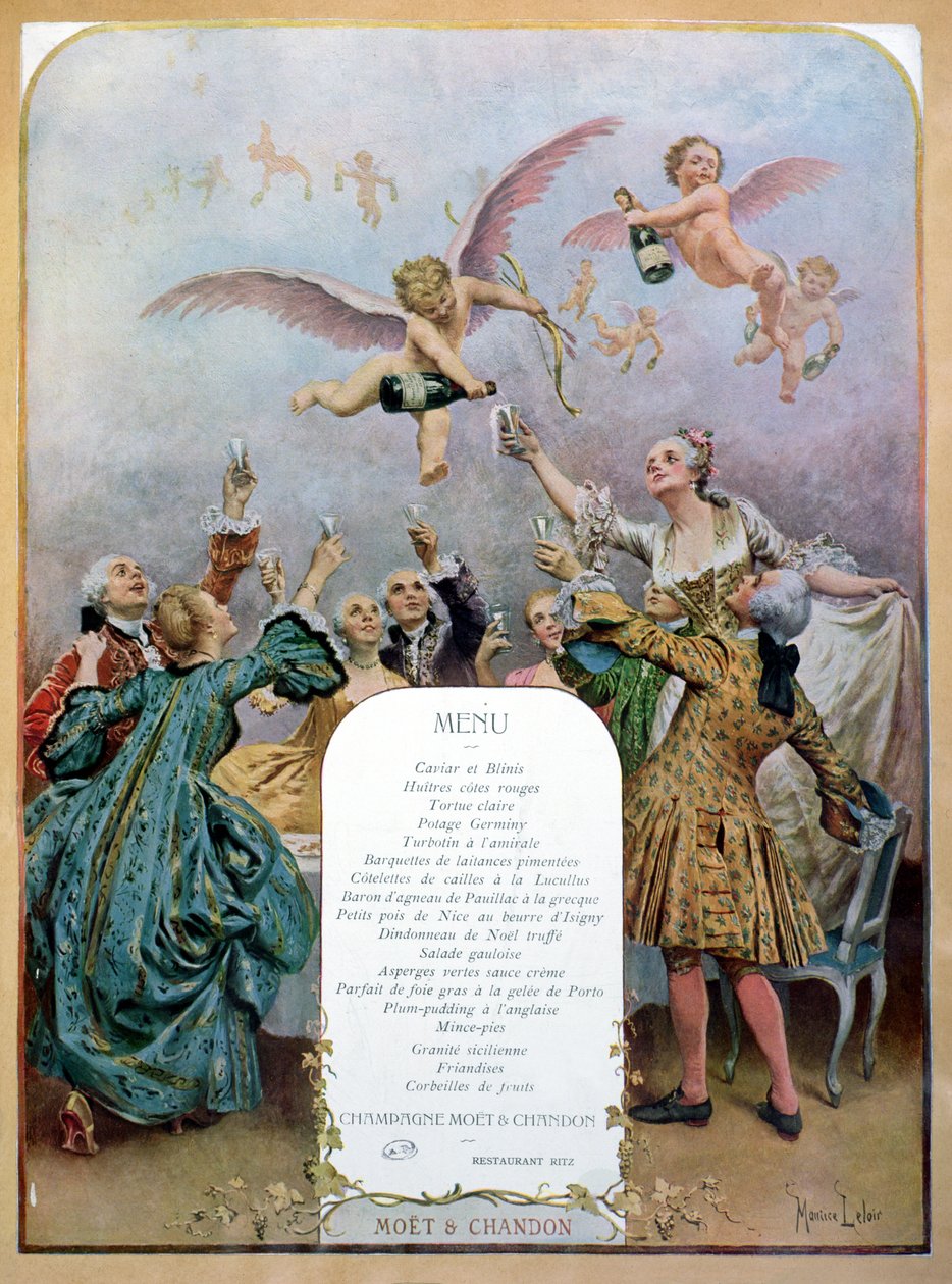 Ritz Restaurant menüsü, 18. yüzyıldan kalma zarif erkek ve kadınlardan oluşan ve melekler tarafından servis edilen şampanya içen bir grubu betimleyen menü, 1910 by Maurice Leloir