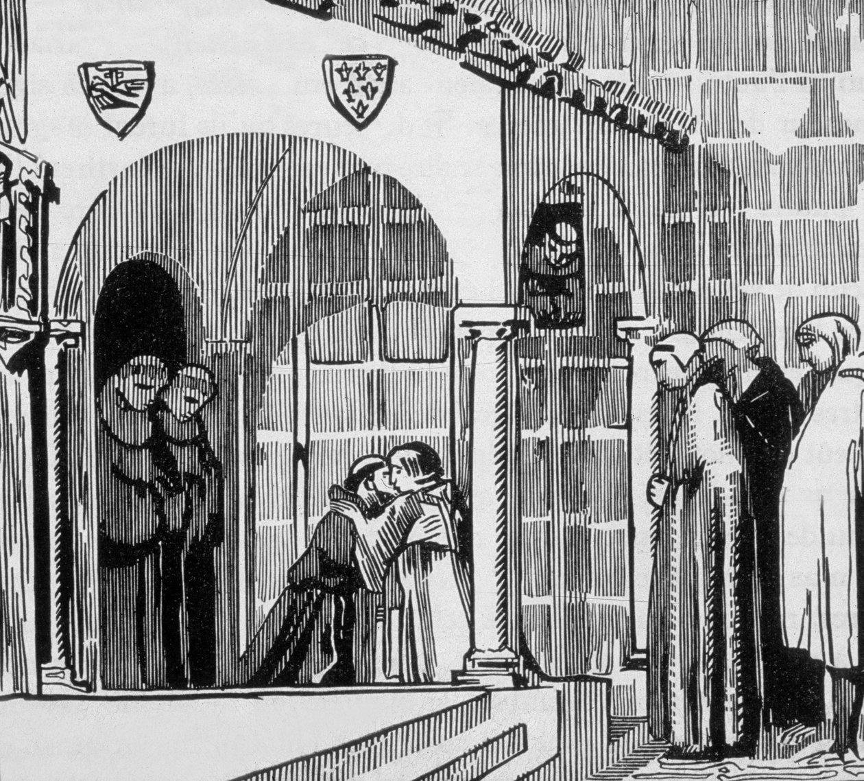 Maurice Denis tarafından çizildikten sonra Jacques Beltrand tarafından oyulmuş Perugia'daki Saint Frere Gilles'i ziyaret eden hacı olarak Fransız Kralı Saint Louis (Louis IX 1214-1270) by Maurice (after) Denis
