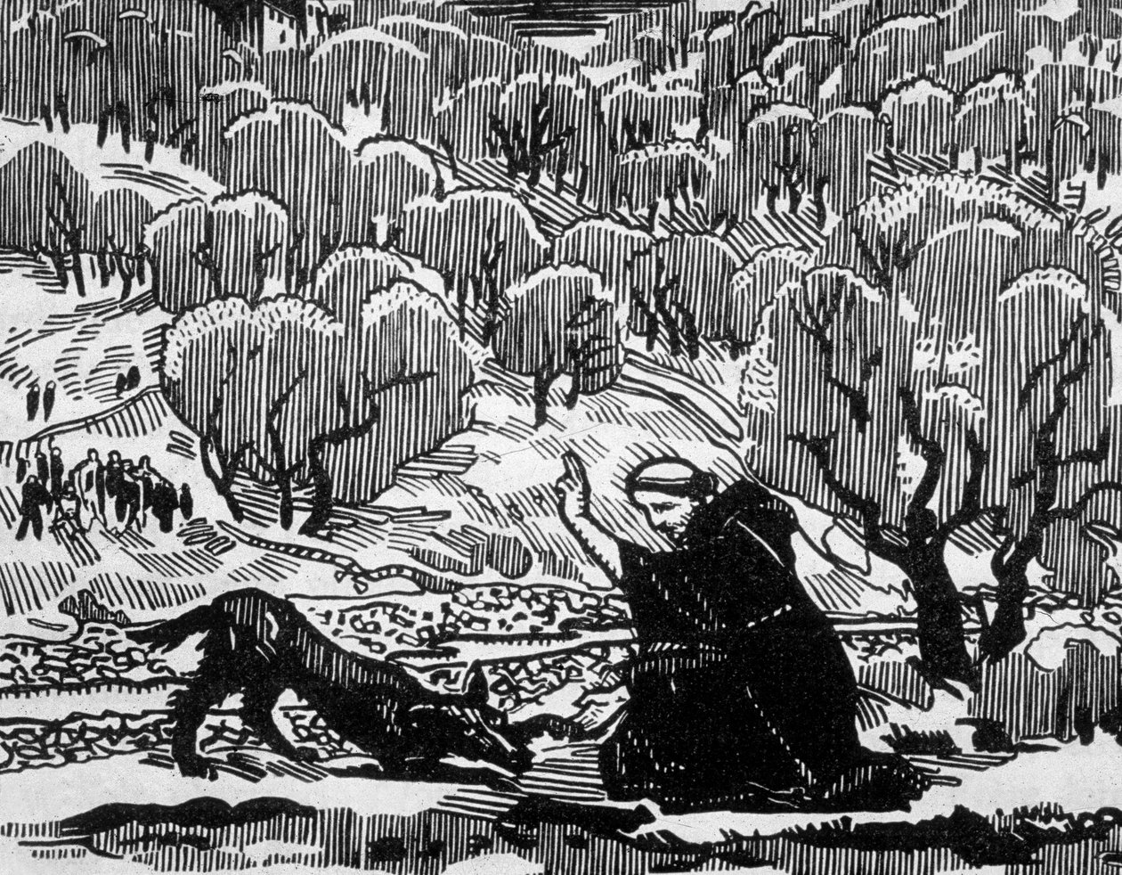 Maurice Denis tarafından çizildikten sonra Jacques Beltrand tarafından oyulmuş Agubbio kurdunun St Francis of Assisi tarafından dönüştürülmesi by Maurice (after) Denis