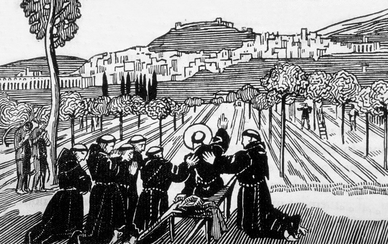 Maurice Denis'in çiziminden sonra Jacques Beltrand tarafından oyulmuş Assisi kasabasını kutsayan Assisi'li St Francis'in ölümü by Maurice (after) Denis