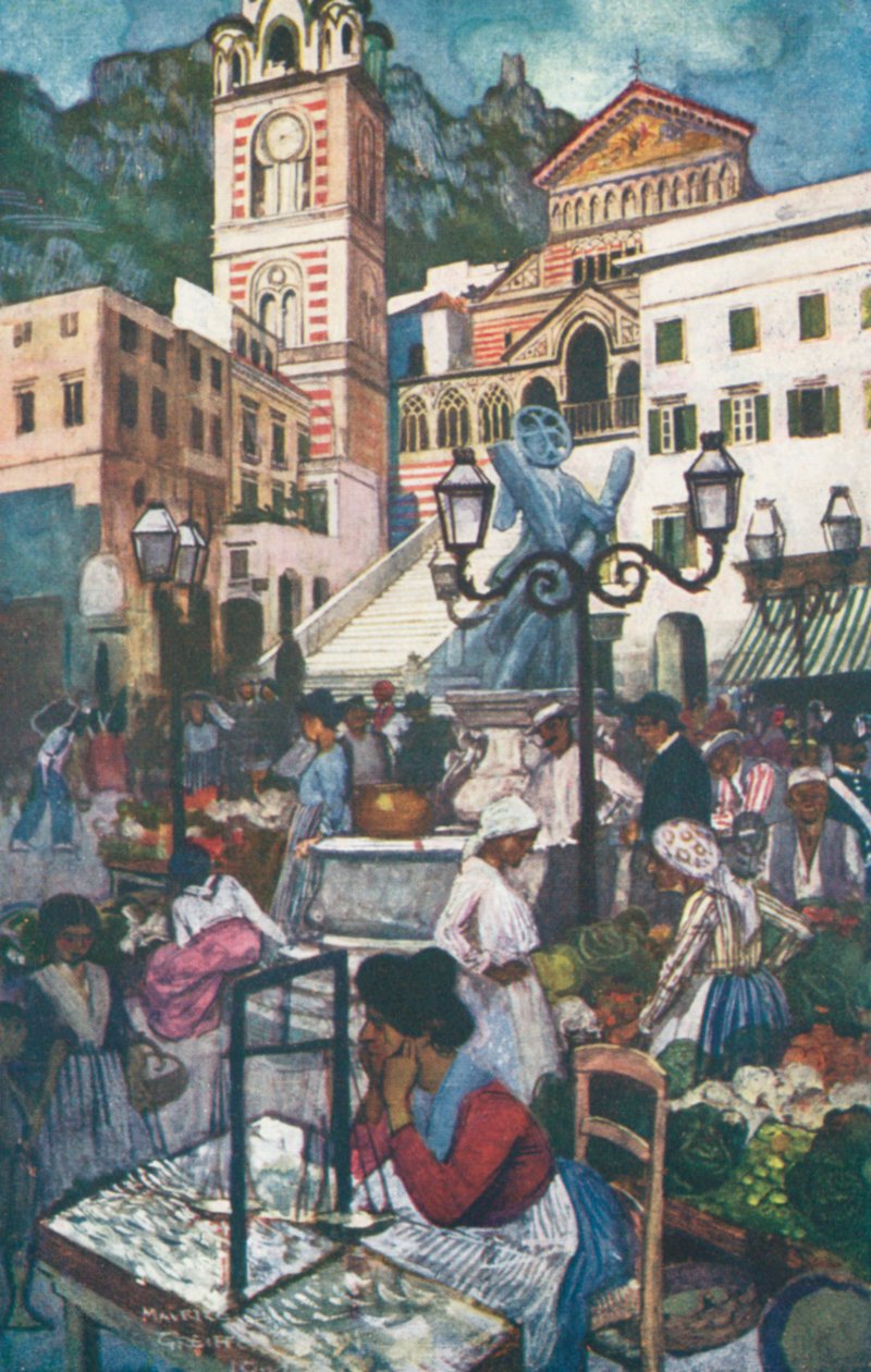 Amalfi, Piazza ve Duomo (renkli lito) by Maurice (after) Greiffenhagen