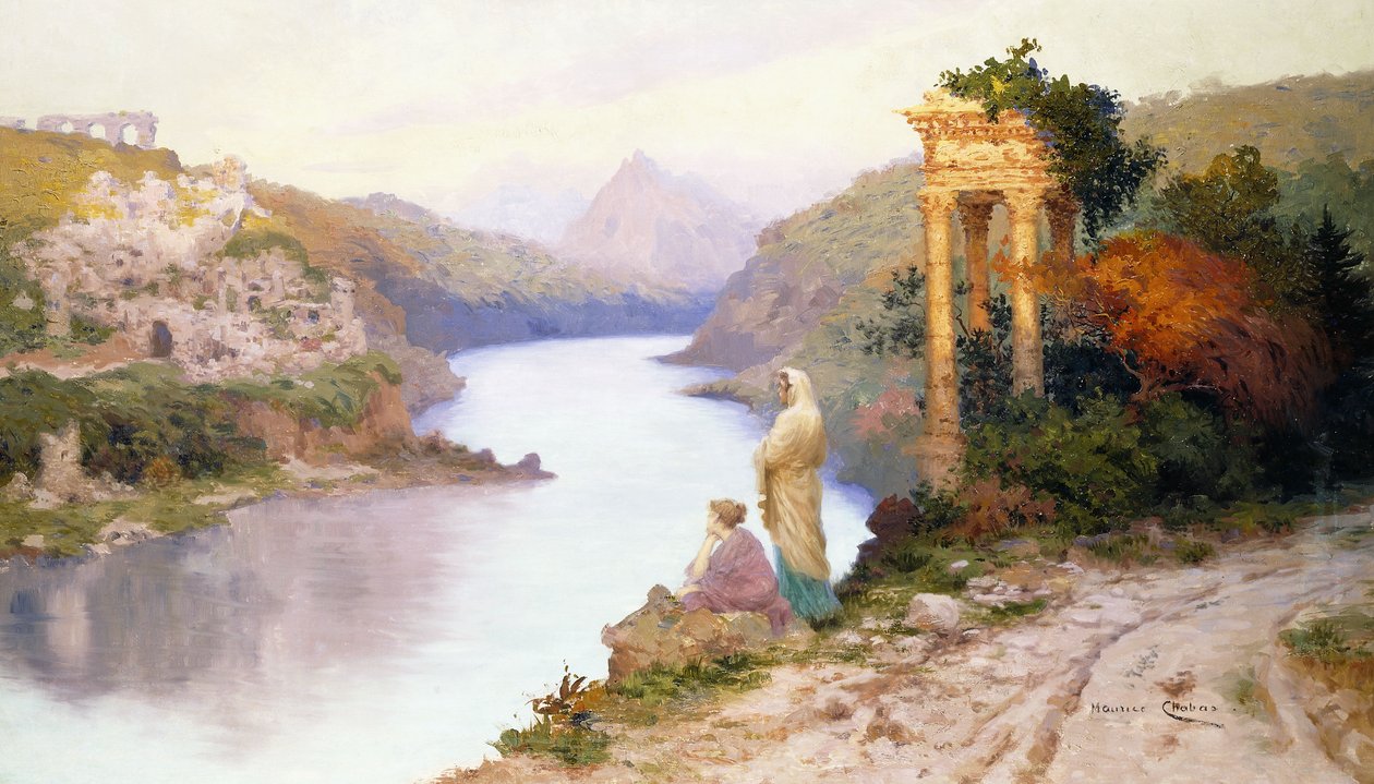 Klasik Harabeleri Olan Bir Nehir Kenarındaki Figürler by Maurice Chabas