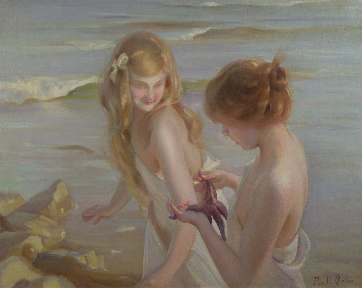 Sahilde Deniz Yıldızı Olan İki Kız by Maurice Chabas