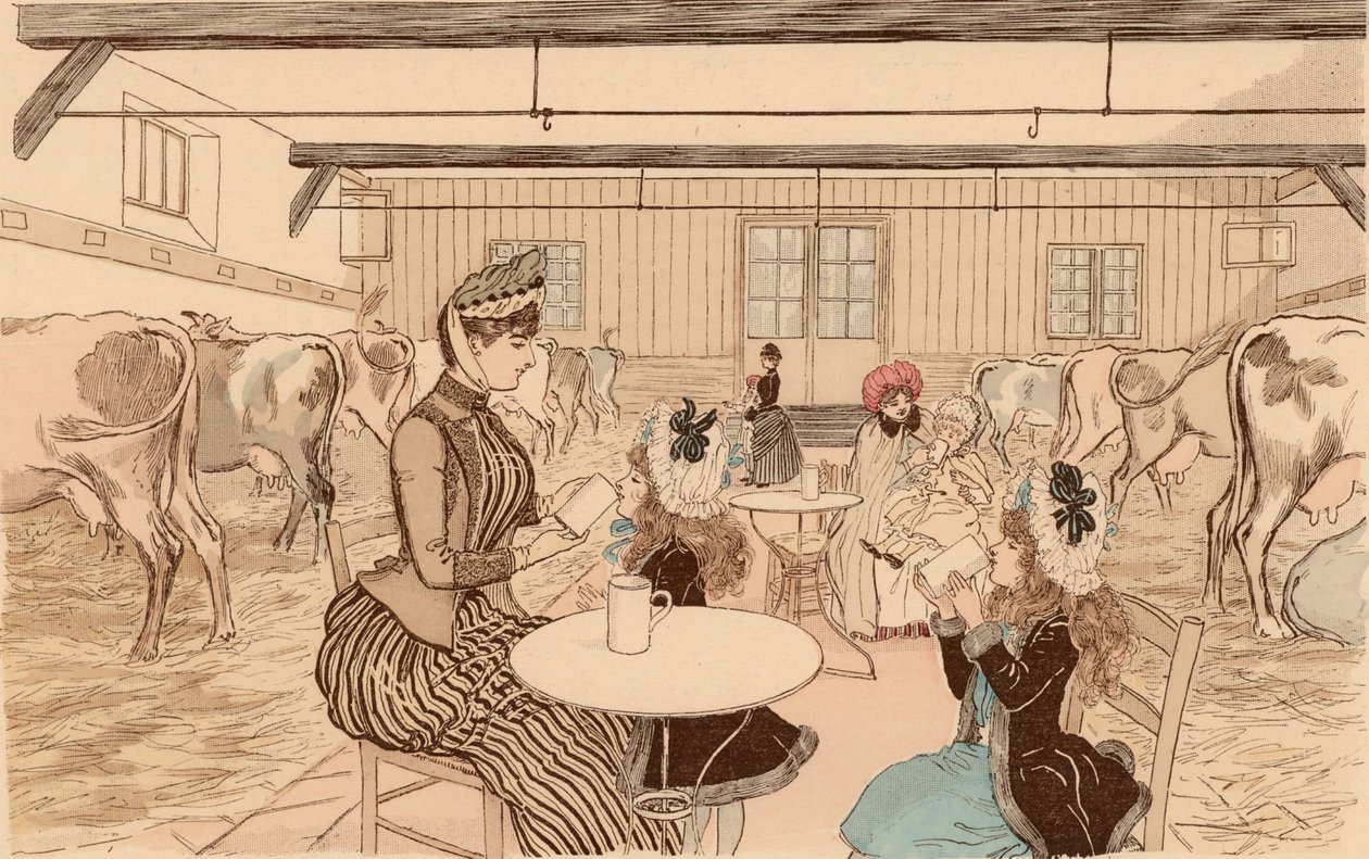 Çocuklarını mandıraya götüren anneler, Paris, Fransa by Maurice Charles Mathieu (1849 1912) Bonvoisin