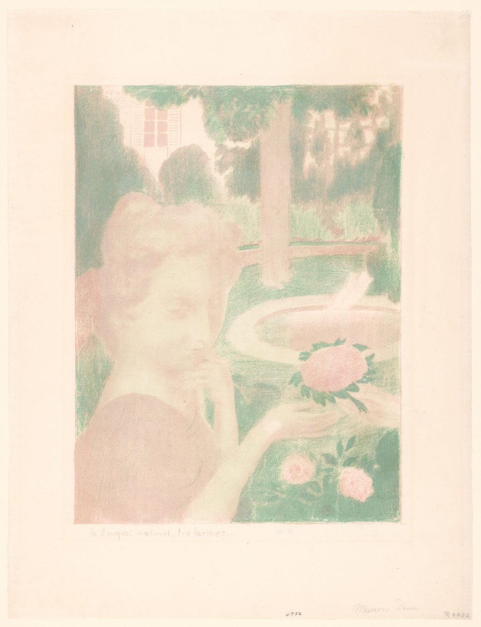 Genç kadın bir bahçede çiçek buketi alır. Le buket matinal, les larmes... (nesne üzerindeki başlık) Aşkın temsilleri (dizi adı) Amour (dizi adı) by Maurice Denis