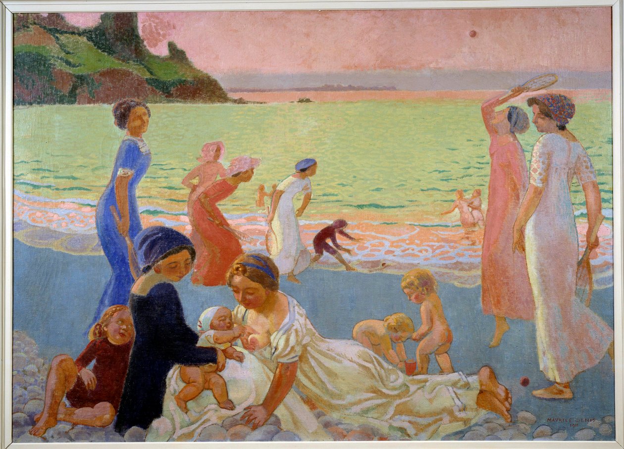 Eylül akşamı Günün sonunda sahilde genç kadınlar ve çocuklar, anne emziriyor, diğerleri kar ayakkabısı oynuyor, 1911 (tuval üzerine yağlı boya) by Maurice Denis