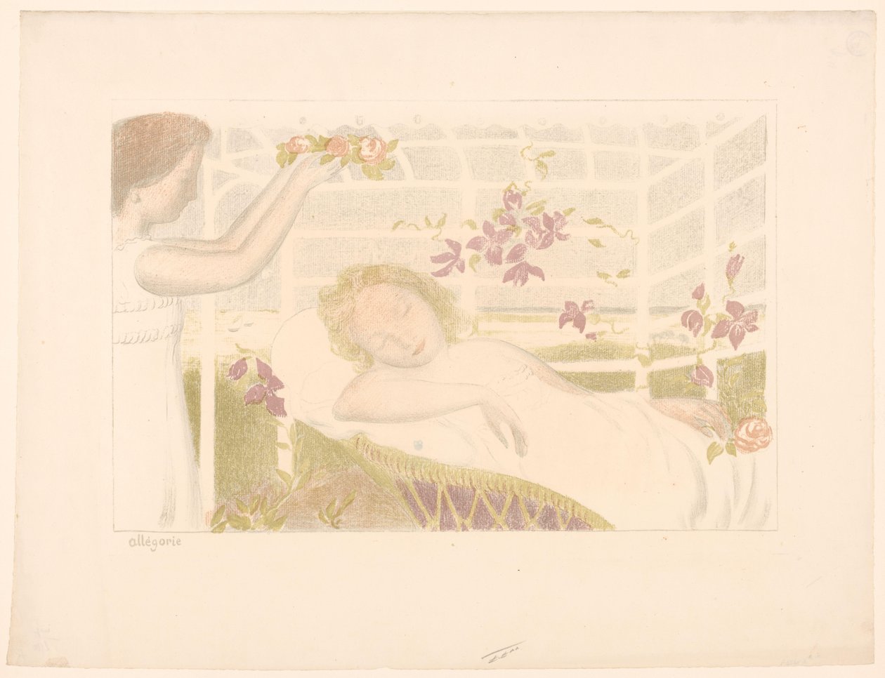Uyuyan kız çiçek çelenk alır Alegori (nesne üzerindeki başlık) Aşkın temsilleri (dizi adı) Amour (dizi adı) by Maurice Denis