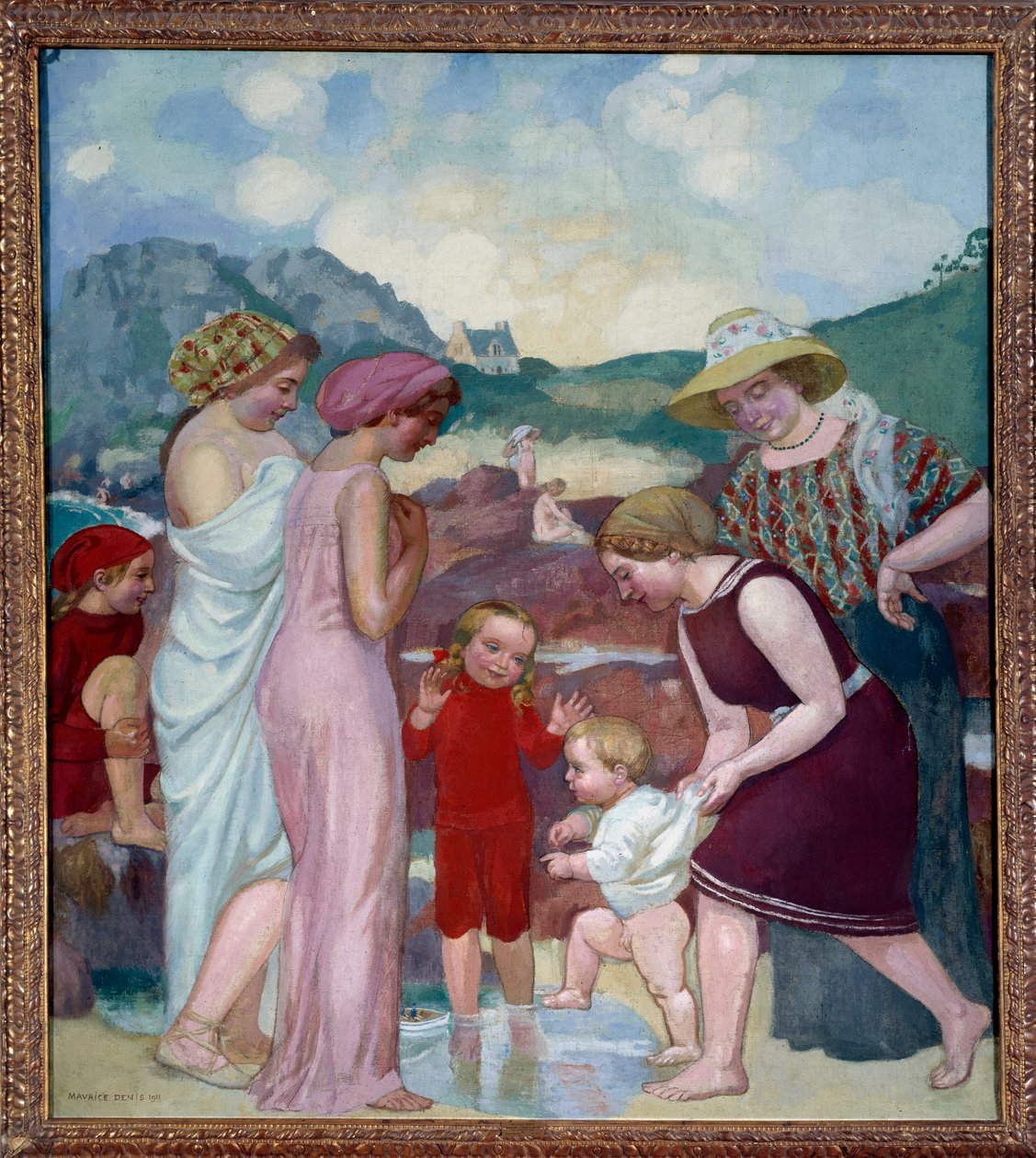 İlk adımlar. Genç bir çocuk annesinin ve ailesinin önünde ilk adımlarını atıyor. by Maurice Denis