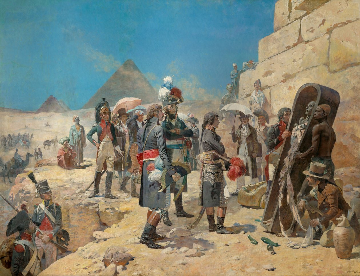 Napolyon Bonapart piramitlerin önünde Mısır kırsalında bir kralın mumyasını seyrederken by Maurice Henri Orange