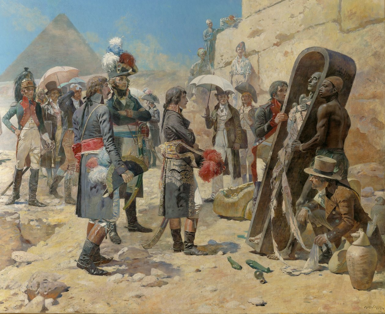 Napolyon Bonapart piramitlerin önünde Mısır kırsalında bir kralın mumyasını seyrederken by Maurice Henri Orange