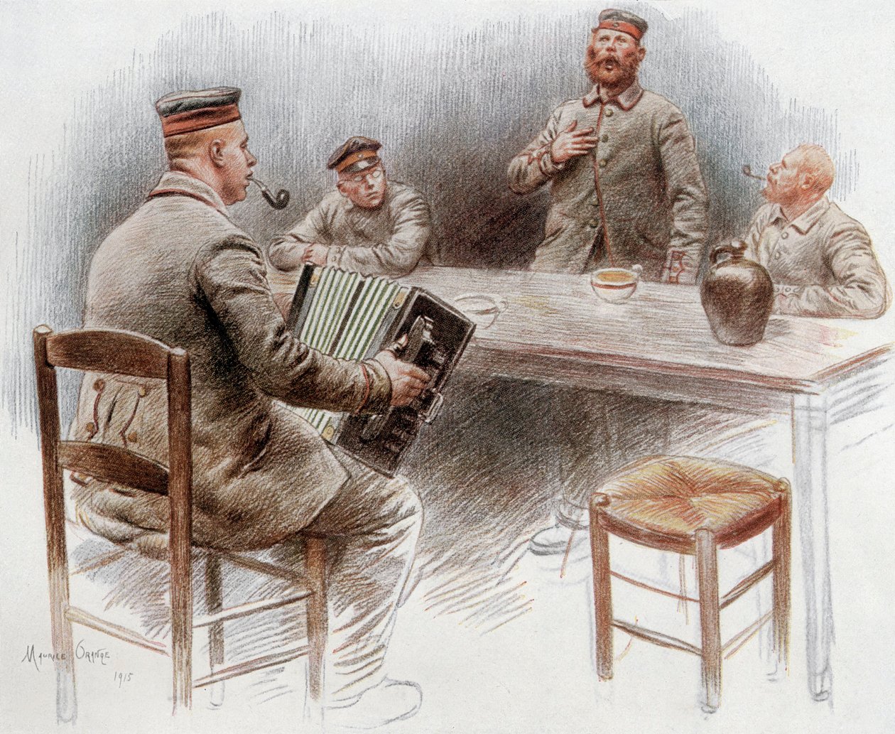 Dinan'daki mahkum kampında akordeon çalan ve şarkı söyleyen mahkumlar by Maurice Henri Orange