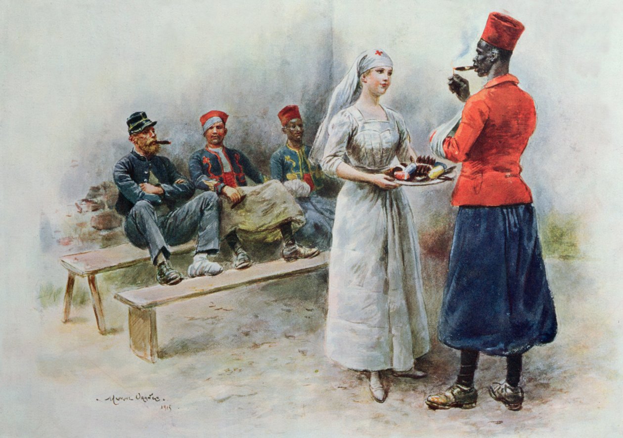 Birinci Dünya Savaşı sırasında Zouaves ve askerler ile Favori Hemşire, 1915 by Maurice Henri Orange