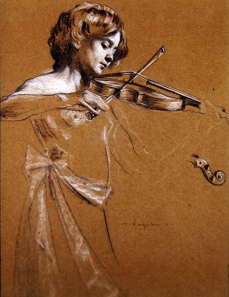 Göğüsleri Çıplak Keman Çalan Genç Kız by Maurice Langaskens