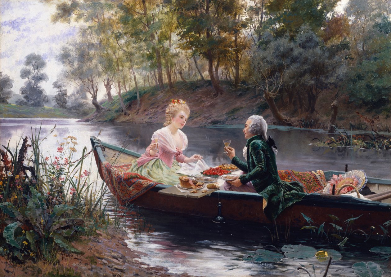 Romantik Bir Öğle Yemeği (panelde yağ) by Maurice Leloir