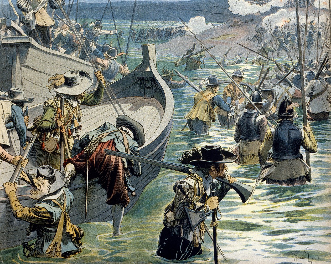 Fransa Tarihi: Kardinal Richelieu (Armand Jean du Plessis) tarafından Re adasının savunucularına gönderilen yardım by Maurice Leloir