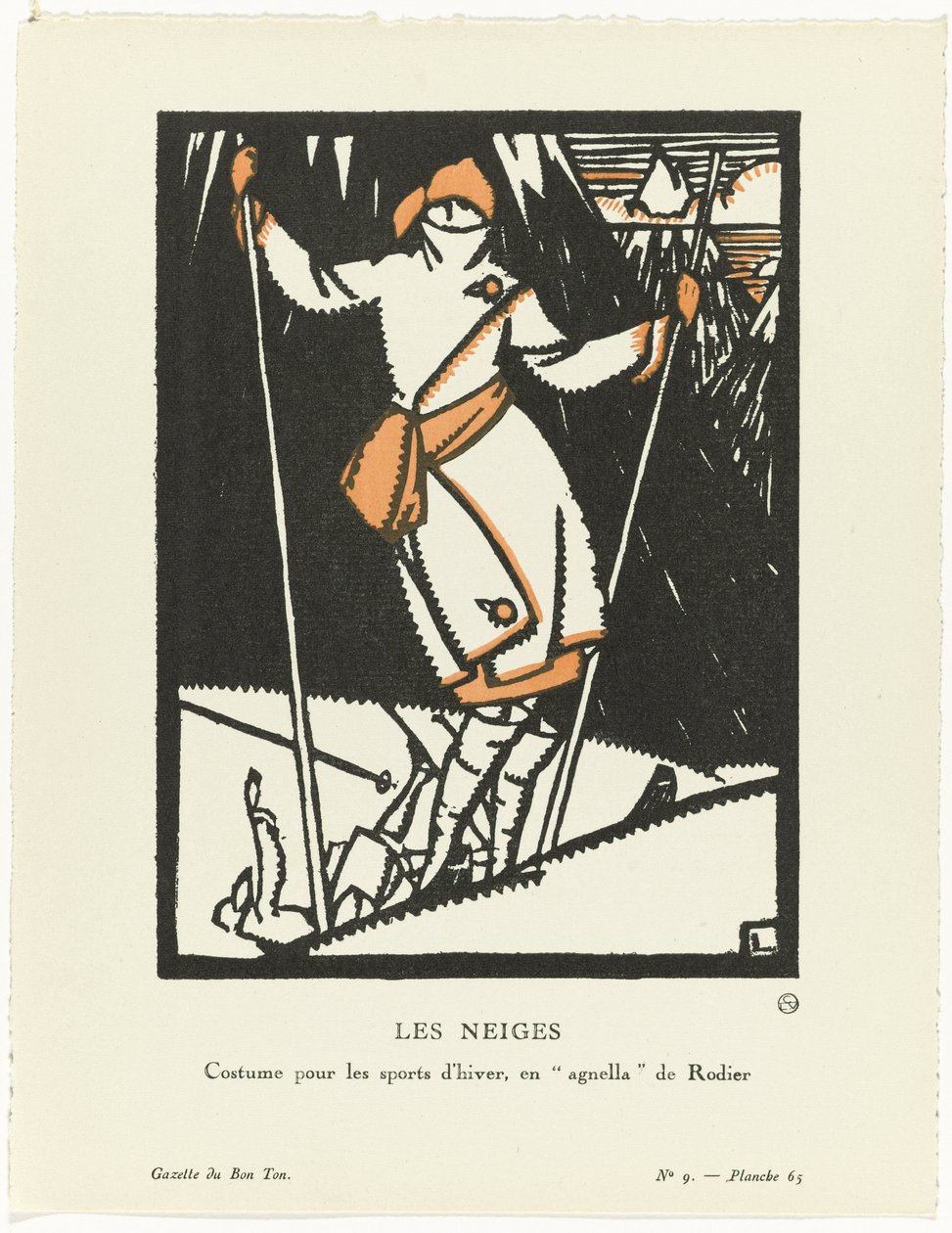 Gazette du Bon Ton, 1920 - No. 9, Pl. 65: Les Neiges / Kış sporları için kostüm, enagnella by Rodier by Maurice Leroy