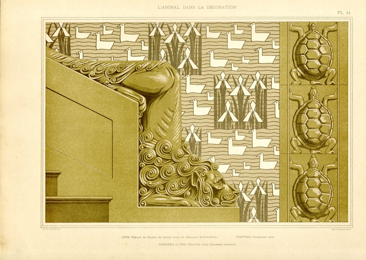 Aslan Başlı, Ördekli ve Kaplumbağalı Mimari Süsleme (taş baskı) by Maurice Pillard Verneuil