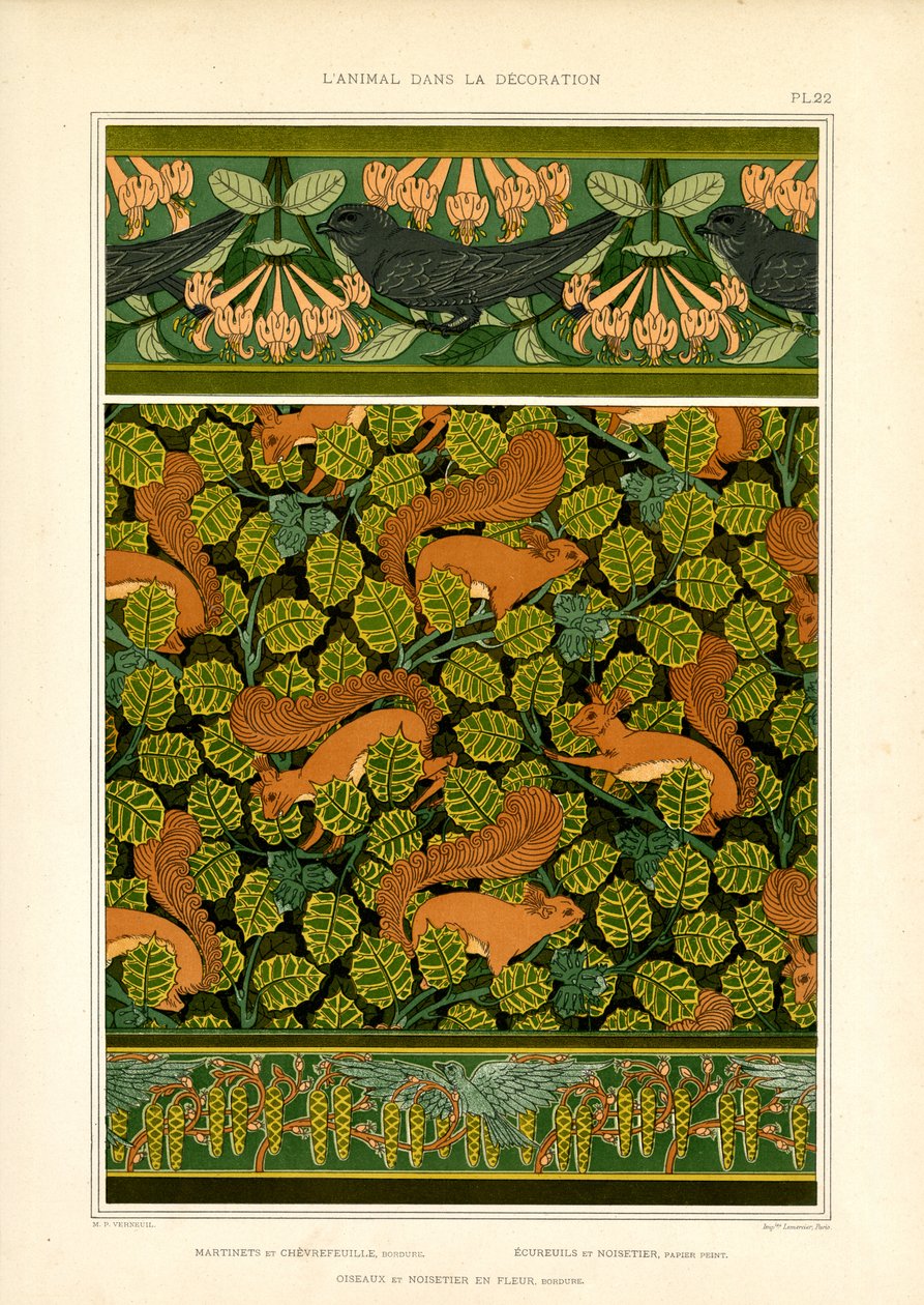 Kuşlar, Sincaplar ve Çiçek Unsurlarıyla Art Nouveau Süsleme (lito) by Maurice Pillard Verneuil