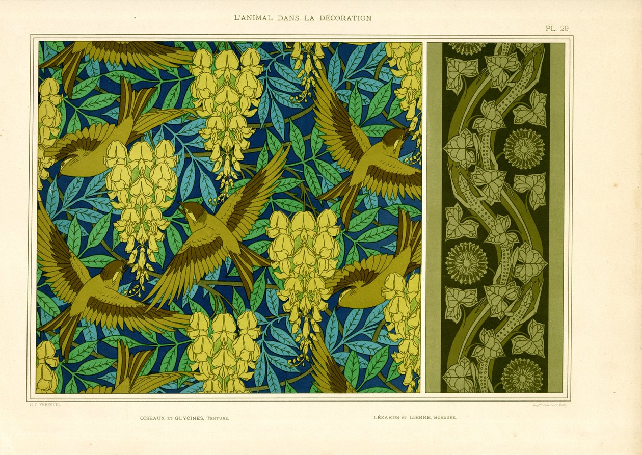 Salkımlı Kuşlar ve Sarmaşıklı Kertenkeleler (taş baskı) by Maurice Pillard Verneuil