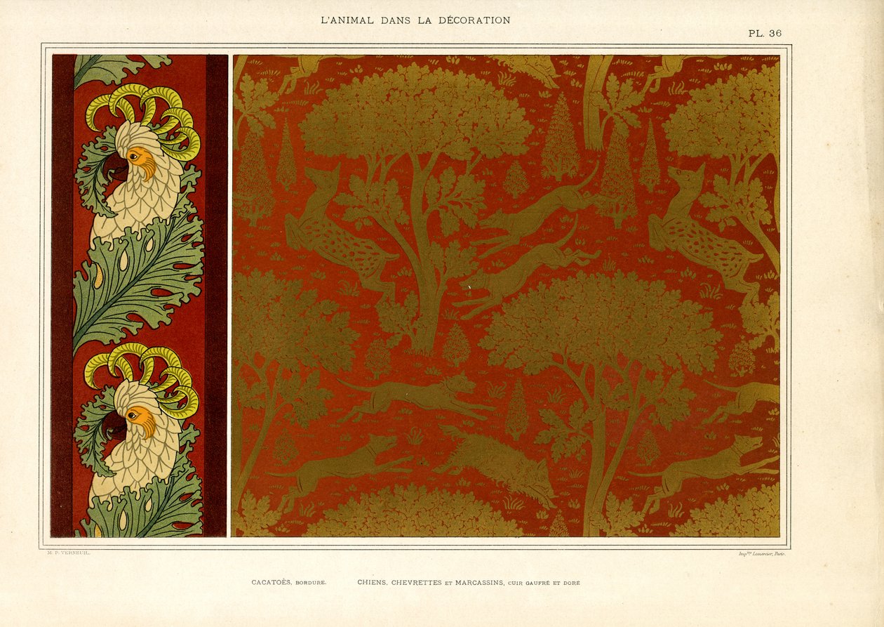 Kakadu Bordürü ve Köpek Gölgesi Deseni (taş baskı) by Maurice Pillard Verneuil