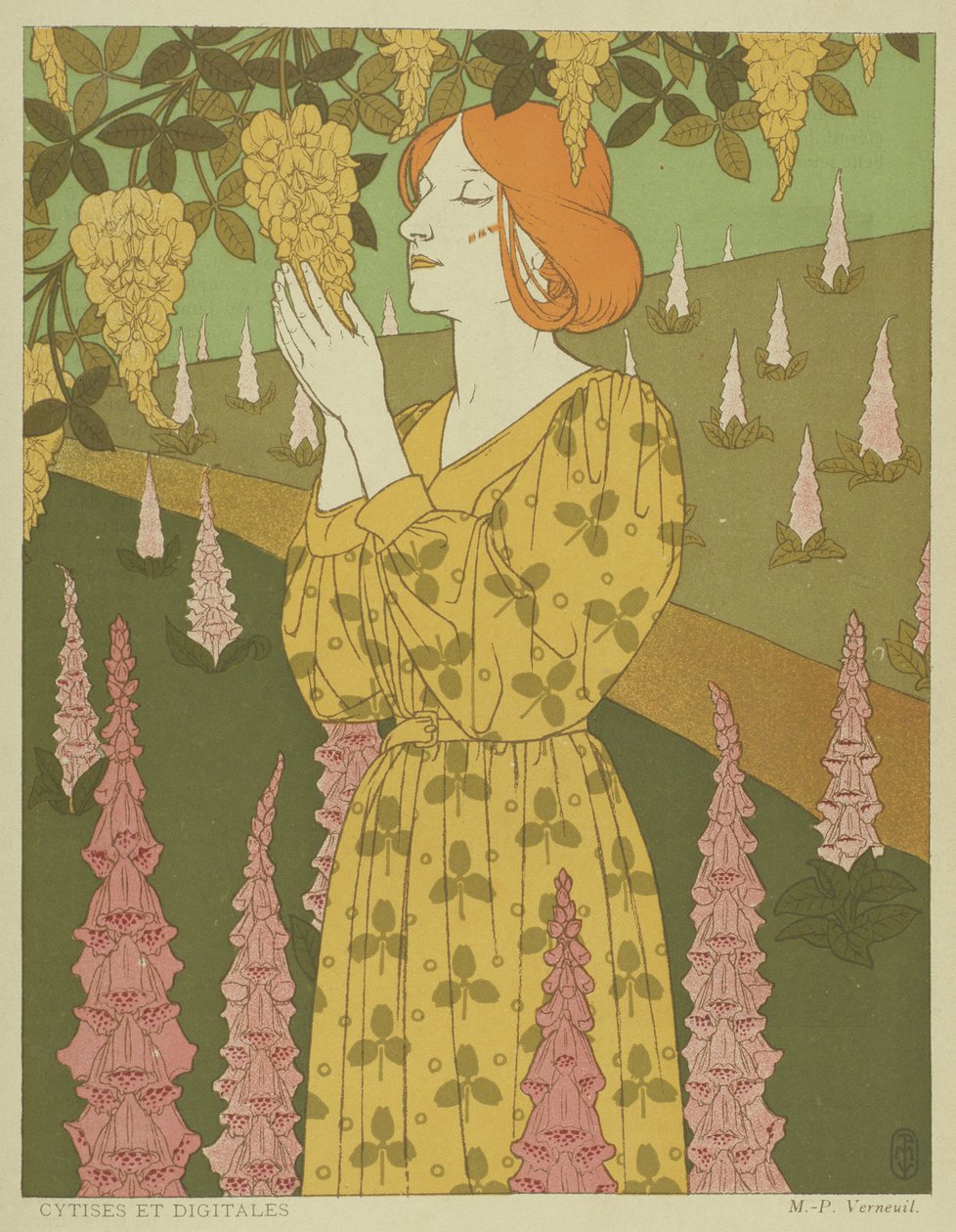 Cytises ve Digitales - Wisteria ve Foxgloves ile Kadın (renkli taş) by Maurice Pillard Verneuil