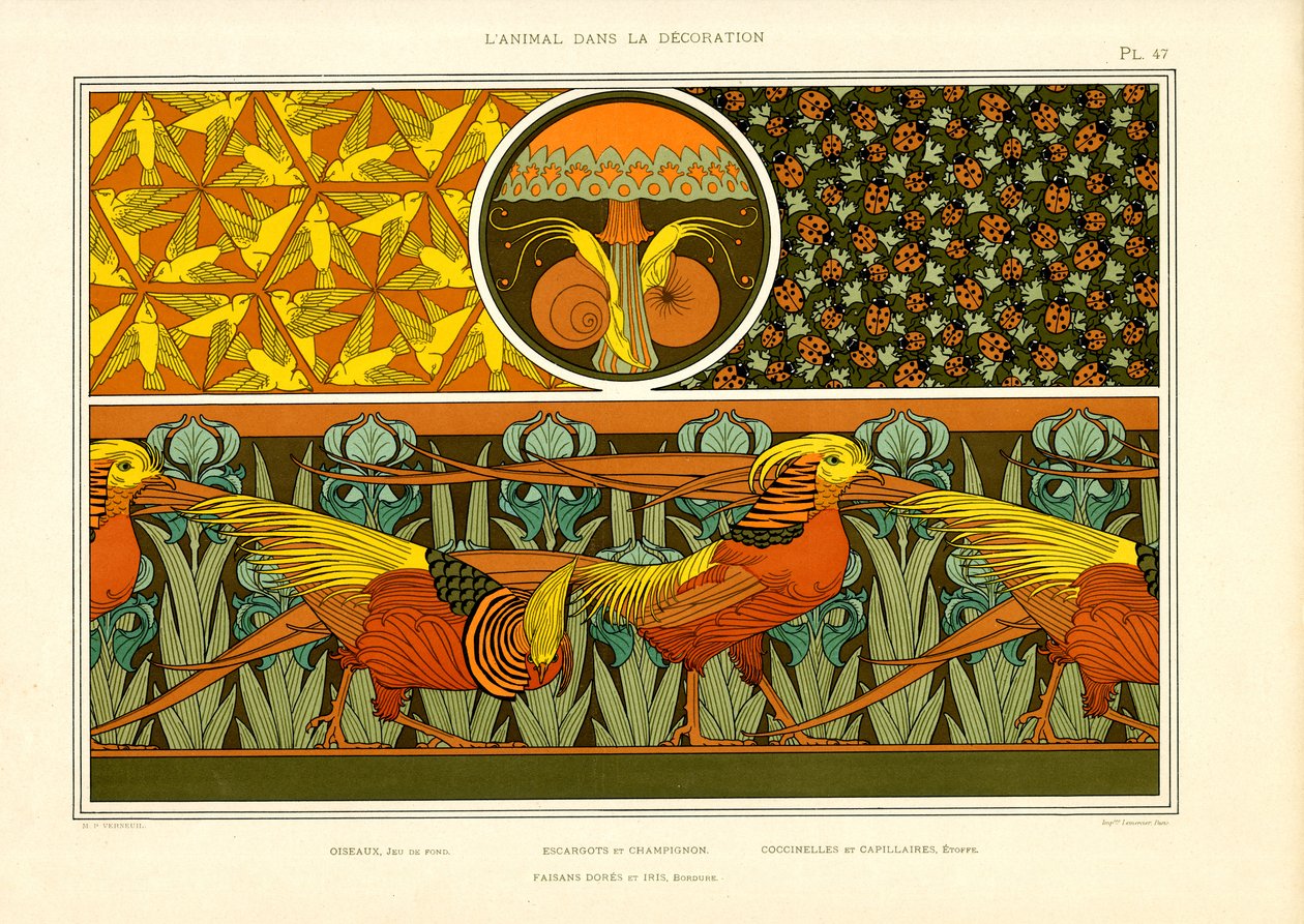 Sülünler, Kuşlar ve Uğur Böcekleri ile Dekoratif Süs Desenleri (taş baskı) by Maurice Pillard Verneuil