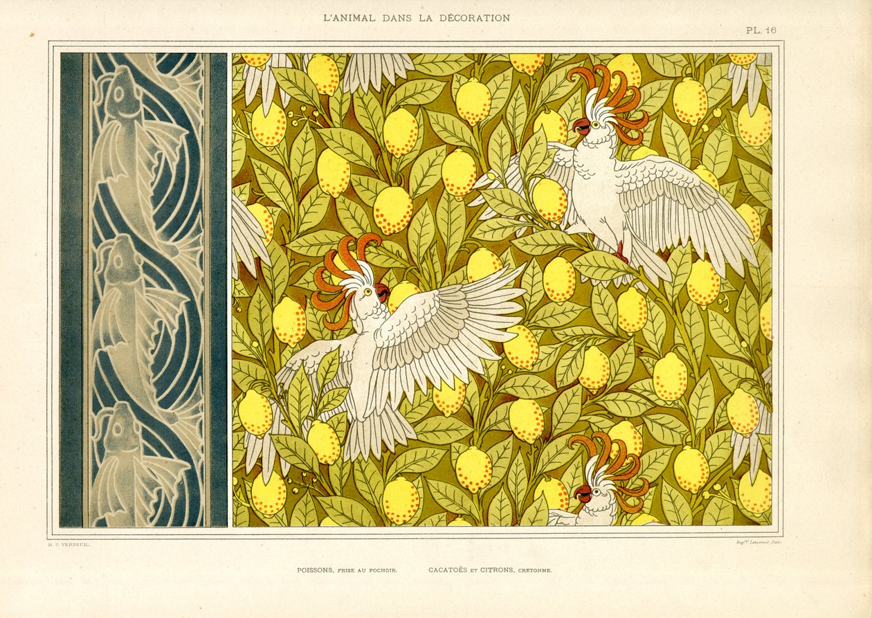 Kakadu ve Limonlu Dekoratif Desen (taş baskı) by Maurice Pillard Verneuil