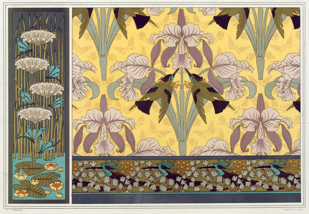 Duvar kağıdı kenarlığı, kumaş ve panel için tasarım: Dragonflies, Waterlillies ve Flowering Rush, pub. by Maurice Pillard Verneuil