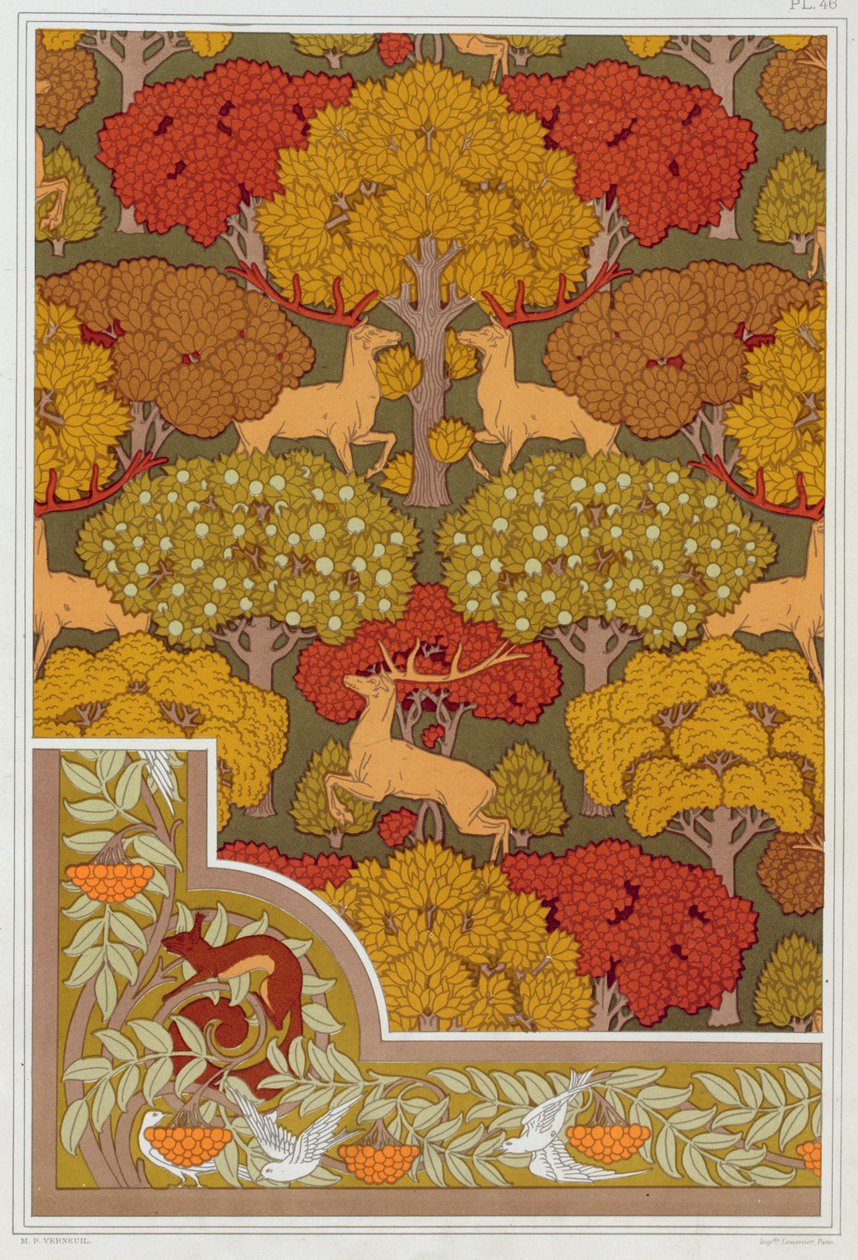 Duvar kağıdı ve duvar kağıdı kenarlığı için tasarımlar Ağaçlarda Geyik, pub. 1897. by Maurice Pillard Verneuil