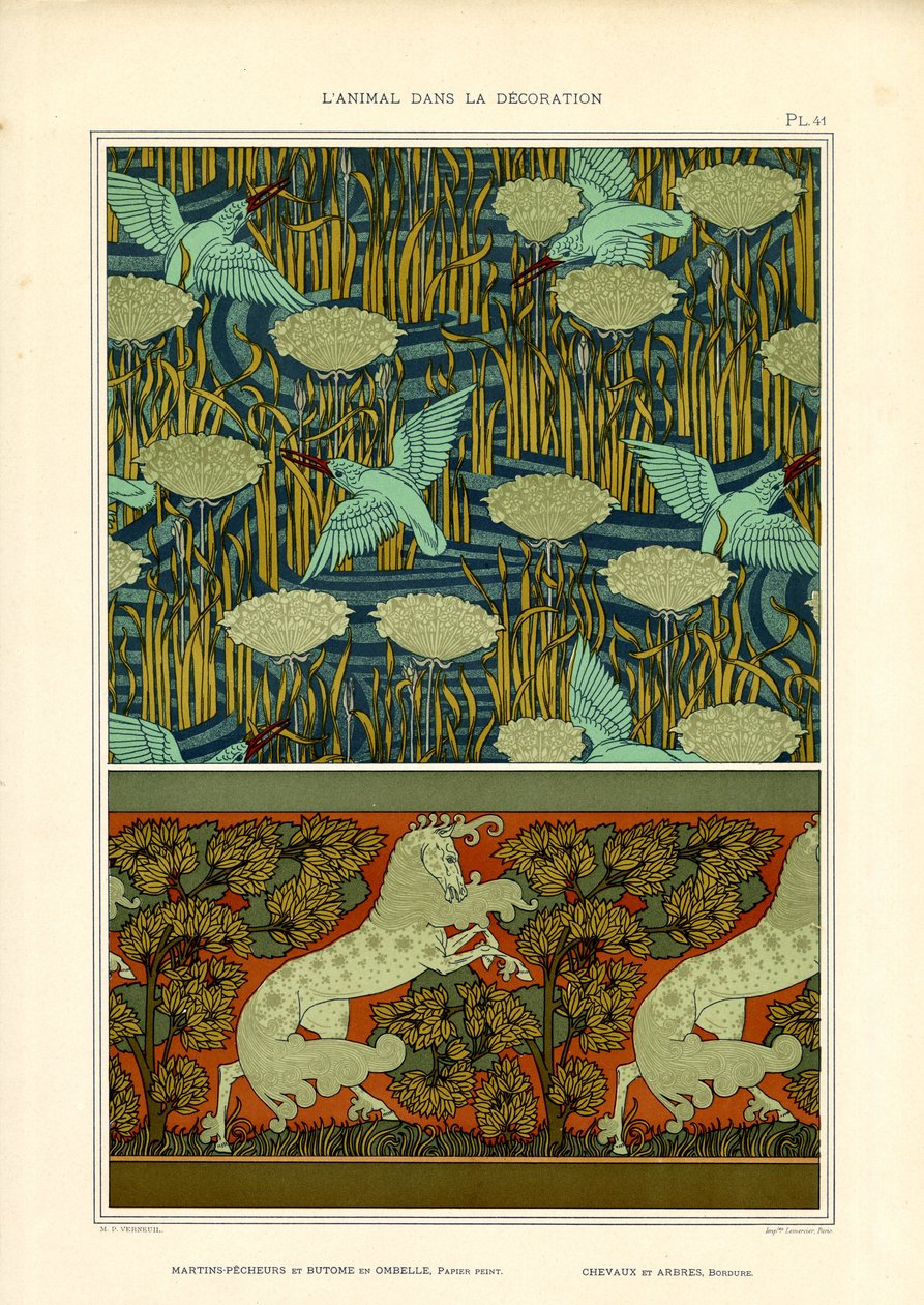 Yalıçapkınları ve Nilüferler ile At Frizi (taş baskı) by Maurice Pillard Verneuil