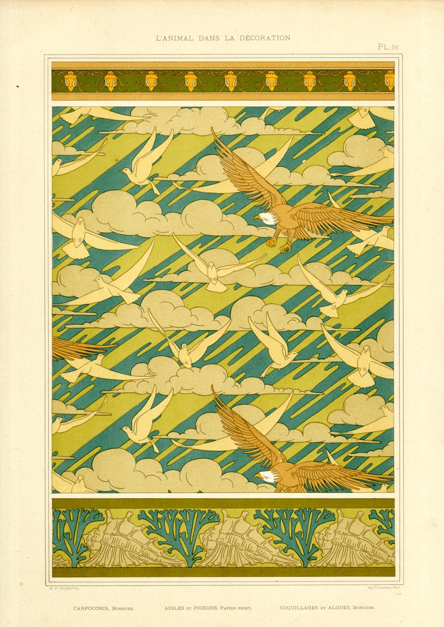 Kartallar ve Güvercinlerle Süslü Kompozisyon (taş baskı) by Maurice Pillard Verneuil