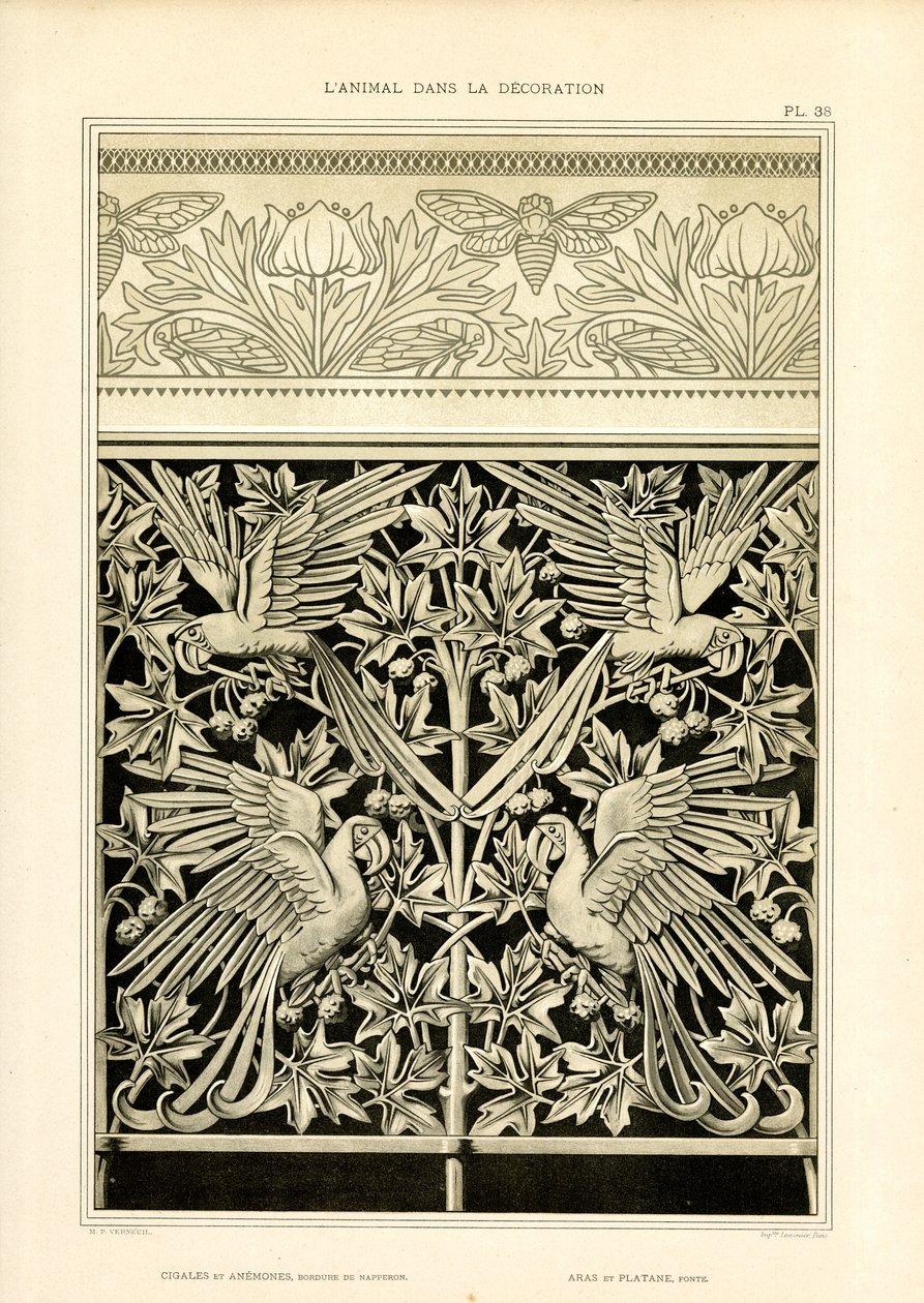Papağanlar ve Ağustos Böcekleri ile Süs Kompozisyonları (taş baskı) by Maurice Pillard Verneuil
