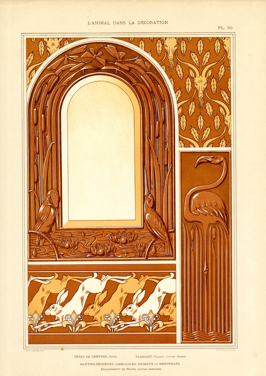 Su Kuşları ve Yabani Tavşanlar ile Süslü Çerçeve Tasarımı (taş baskı) by Maurice Pillard Verneuil