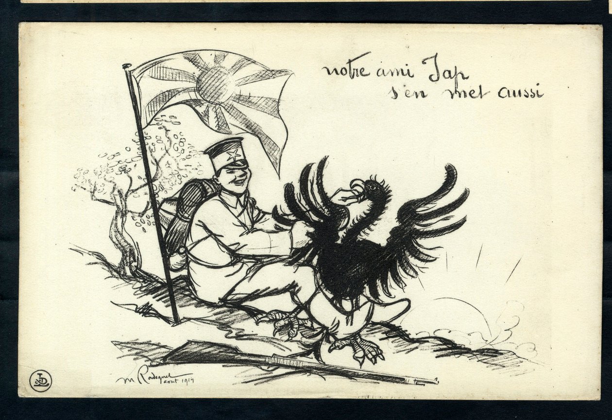 Kartpostal, Siyah Beyaz Hiciv: Japon arkadaşımız artık değil - 14-18 Savaşı, Almanya Prusya, Japonya by Maurice Radiguet