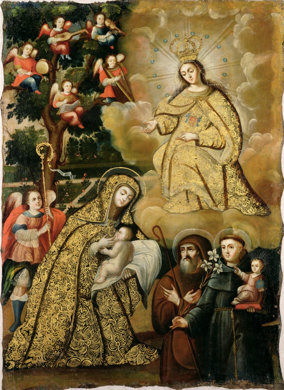 Üç Aziz ile Merhametli Meryem Ana Vizyonu, 18. yüzyılın ortalarında by Mauricio school of Garcia