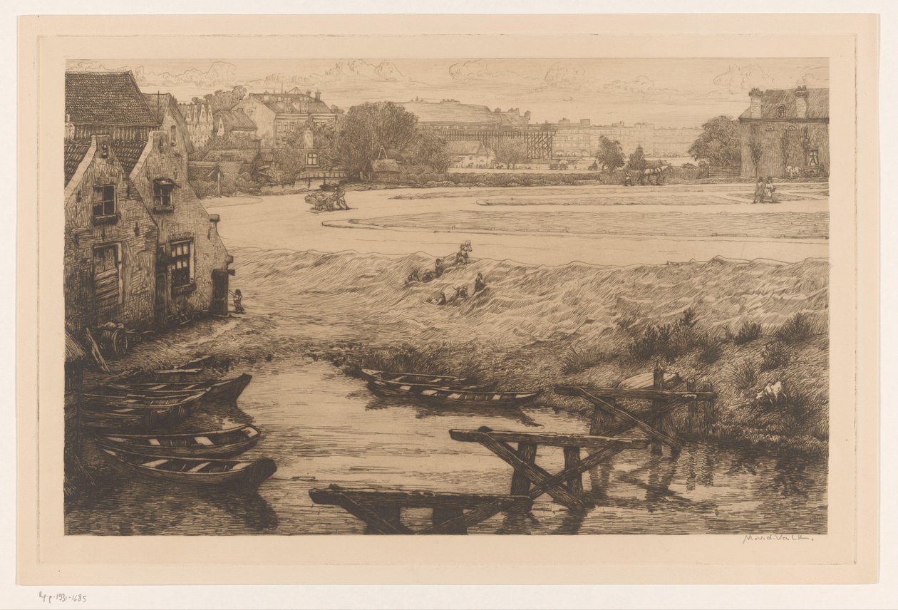 Amsterdam Surinamplein'deki Surinamplein'de eski evler ve su (orijinal başlık) by Maurits van der Valk (signed by artist)