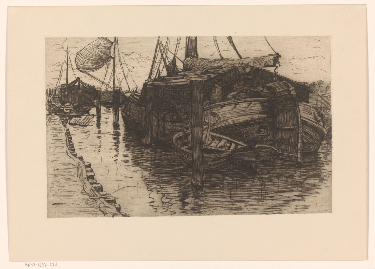 Bir limanda demirli tekneler Demirli yelkenli mavna (orijinal başlık) by Maurits van der Valk