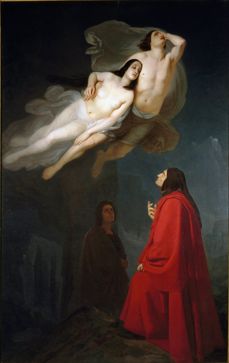 Dante ve Virgil, Yeraltı Dünyası'ndaki şehvet çemberinde, zina suçlusu Francesca da Rimini ve kayınbiraderi Paolo Malatesta ile tanışır. by Maurizio Frascheri