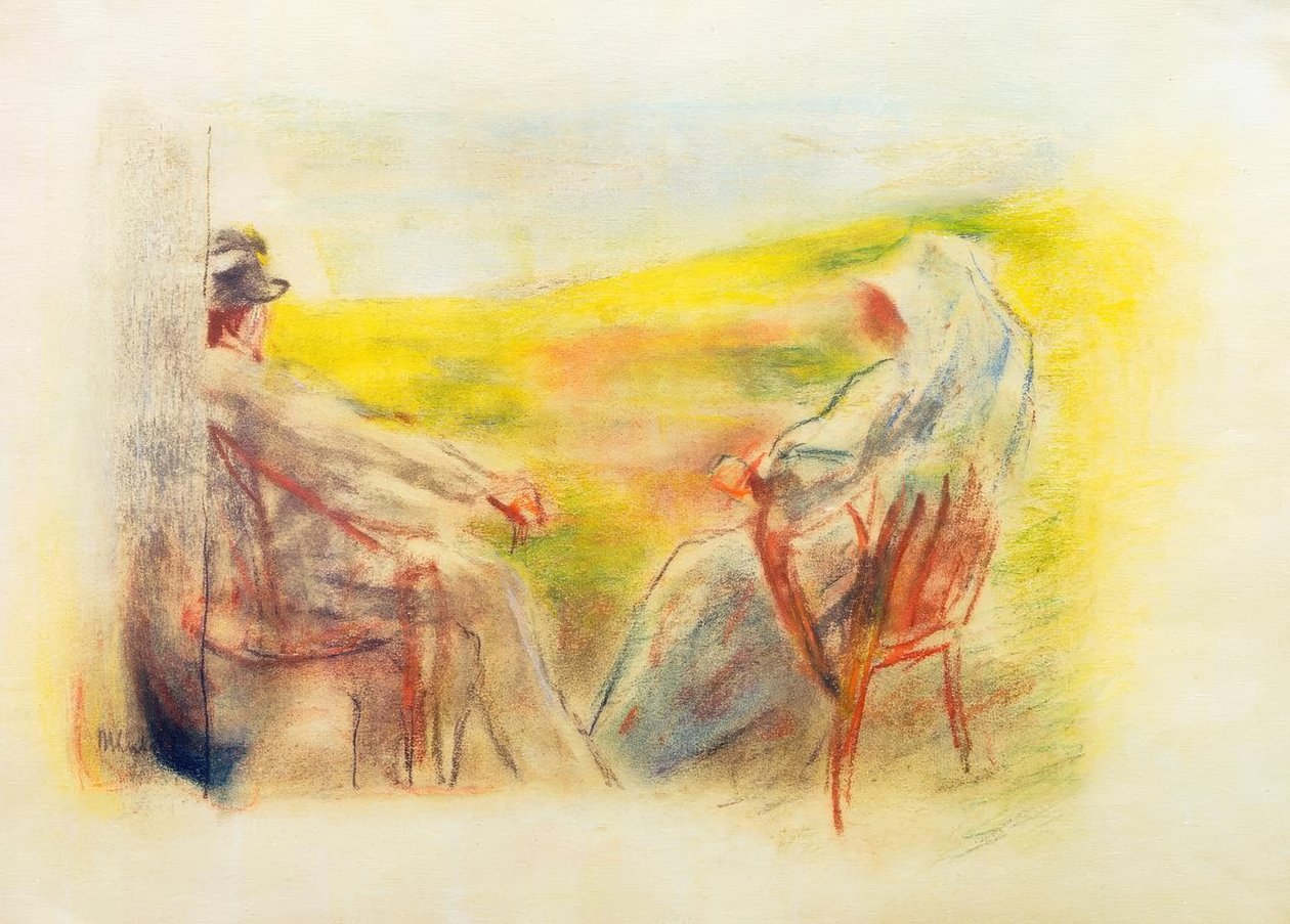Bayan ve beyefendi bir kumul manzarasının önünde by Max Liebermann