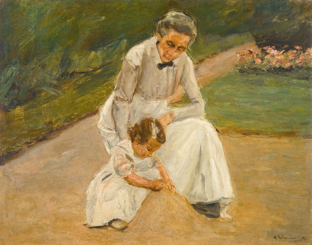 Torunu ve dadı bahçede oynuyor by Max Liebermann