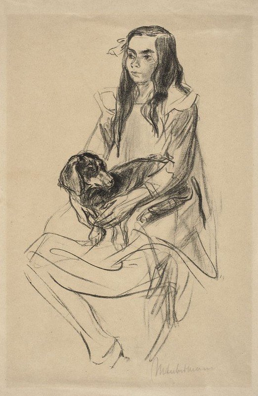 Dachshund ile oturan kız by Max Liebermann