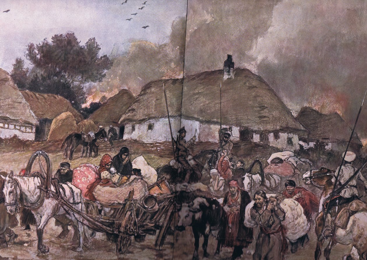 Brest-Litowsk yolunda: The Illustrated History of the World War 1914-1915 pubından, arkalarında Kazakları olan Polonyalı mülteciler. Union Berlagsefellfchaft, 1922 Cilt. 3 by Max Tilke