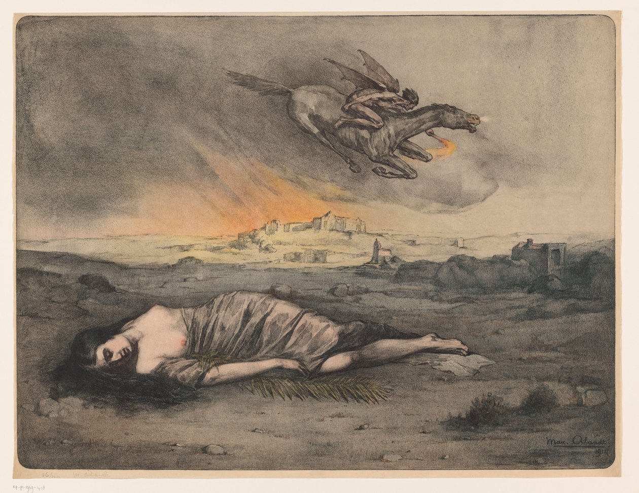 Uzanmış kadın ve meşale ile uçan süvari by Max Alexander Alandt (signed by artist)