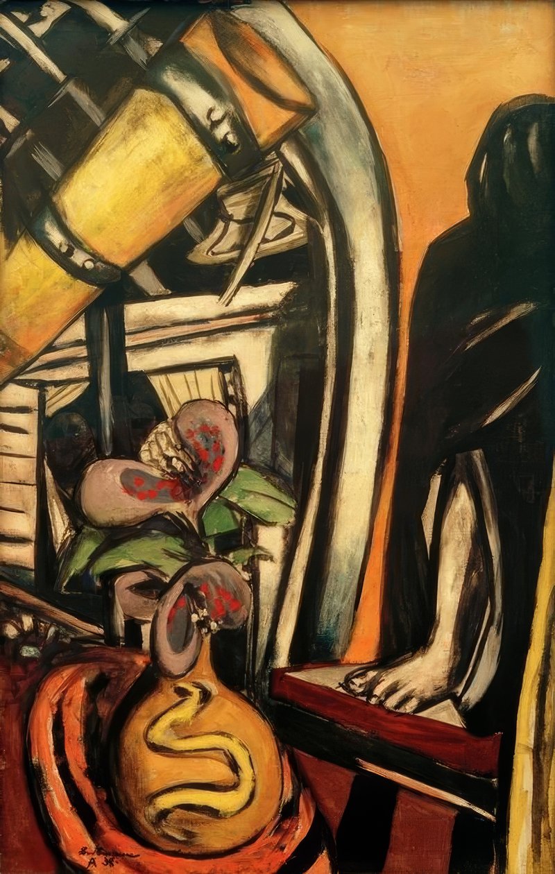 Atölye (gece). Bir teleskop ve örtülü bir figür ile natürmort by Max Beckmann