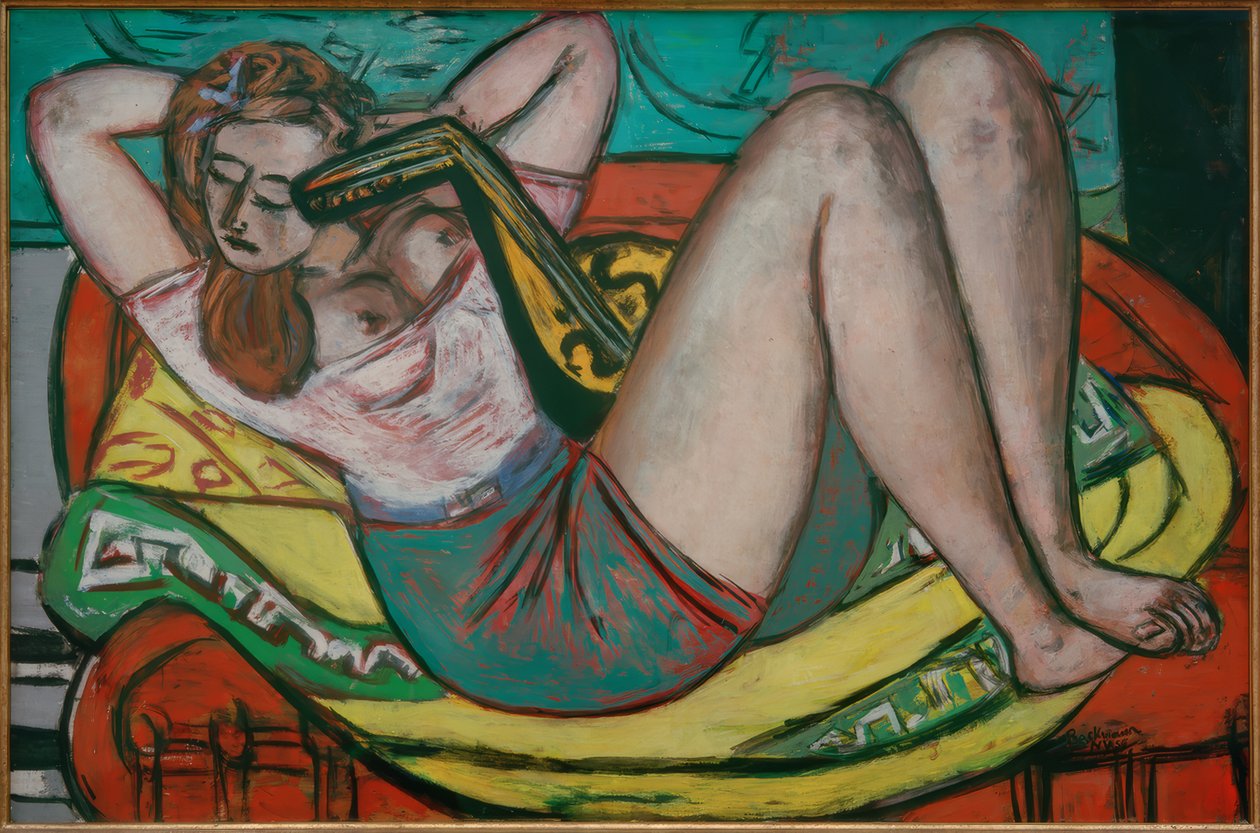 Sarı ve kırmızı bir mandolin olan kadın by Max Beckmann