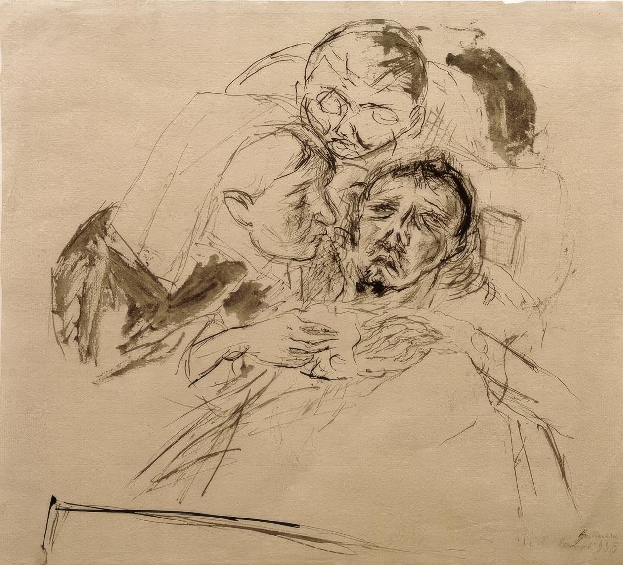 Hasta bir kişinin üzerine eğilmiş hemşire ve erkek figürü by Max Beckmann