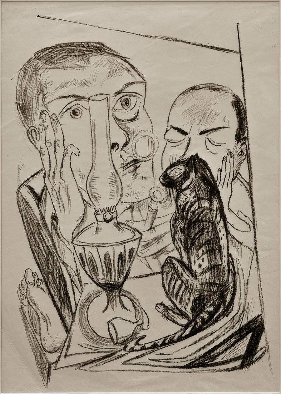 Kedi ve lambalı otoportre by Max Beckmann