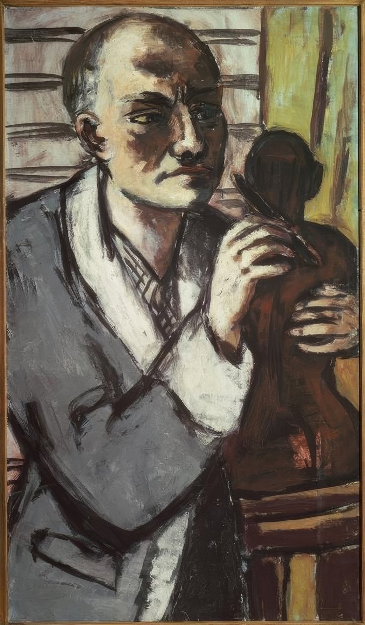 Gri bir sabahlık ile otoportre by Max Beckmann